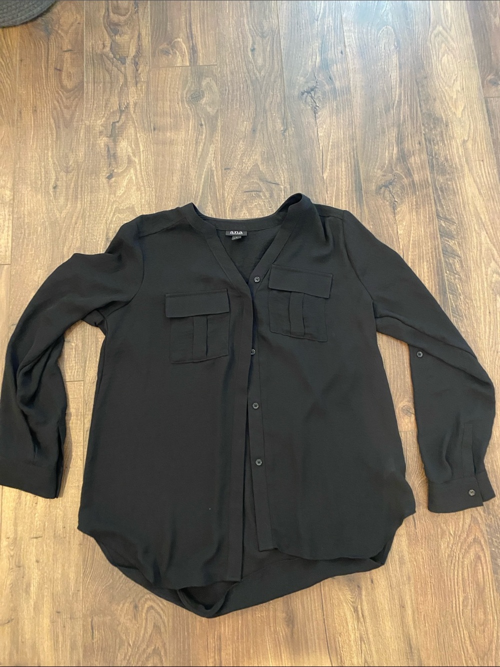 Semi-Sheer Black Button-Front Utility Blouse with Chest Pockets